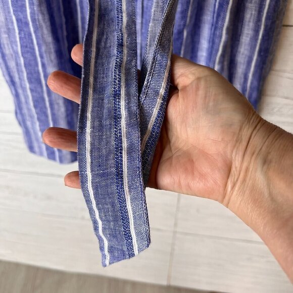 H&M Skirt Size Large Blue & White Linen Blend Striped Faux Buttons Belted Mini - Picture 8 of 16